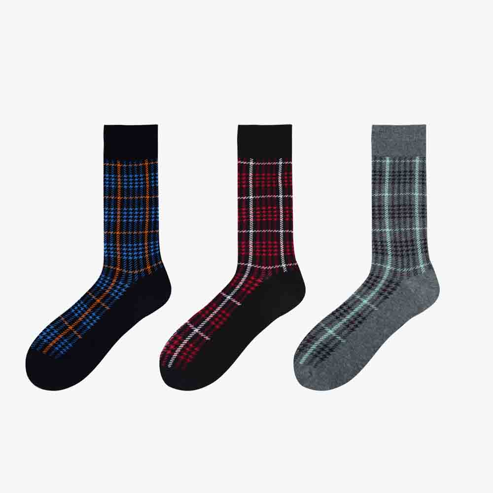 Men’s Cotton Plaid Check Mixed Crew Socks -3 pairs