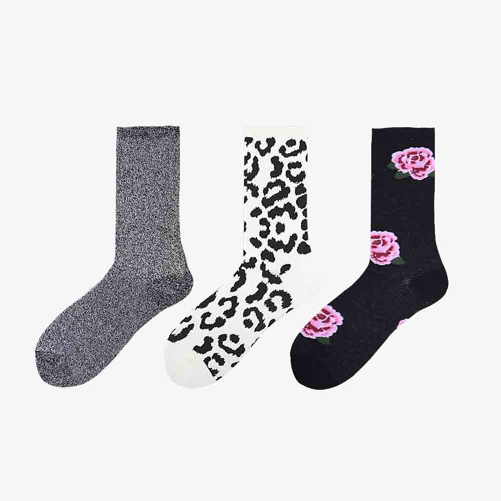3pk Leopard & Floral Pattern Cotton Crew Socks for Women