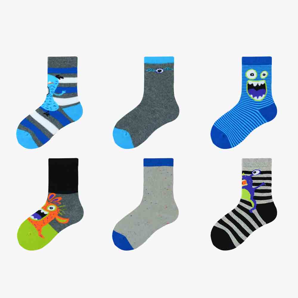 6PK Детские носки Хлопковые носки с круглым вырезом для мальчиков с забавными монстрами