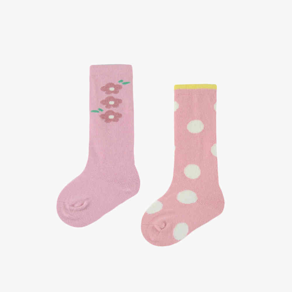 2pk Floral & Polka Dot Pattern Cotton Crew Socks for Toddler & Baby